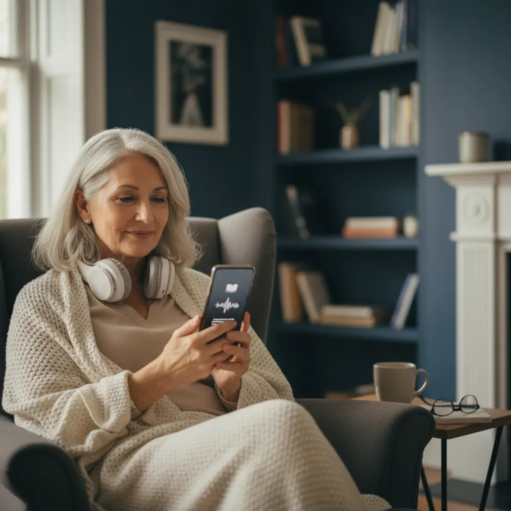A senior woman smiling and listening to an audiobook on her smartphone with headphones.