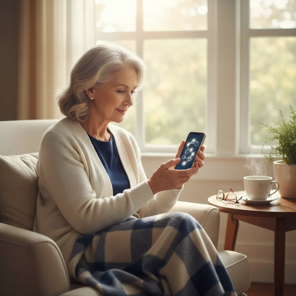 A senior woman smiling and engaged, looking at a tablet displaying a brain-training game, with a cup of tea nearby.