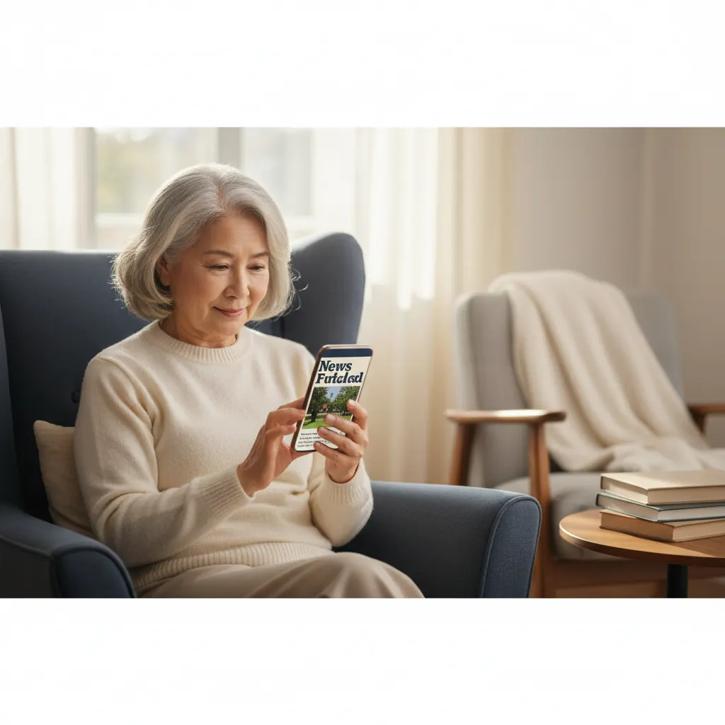 An older woman smiling while reading news on a tablet with large text.