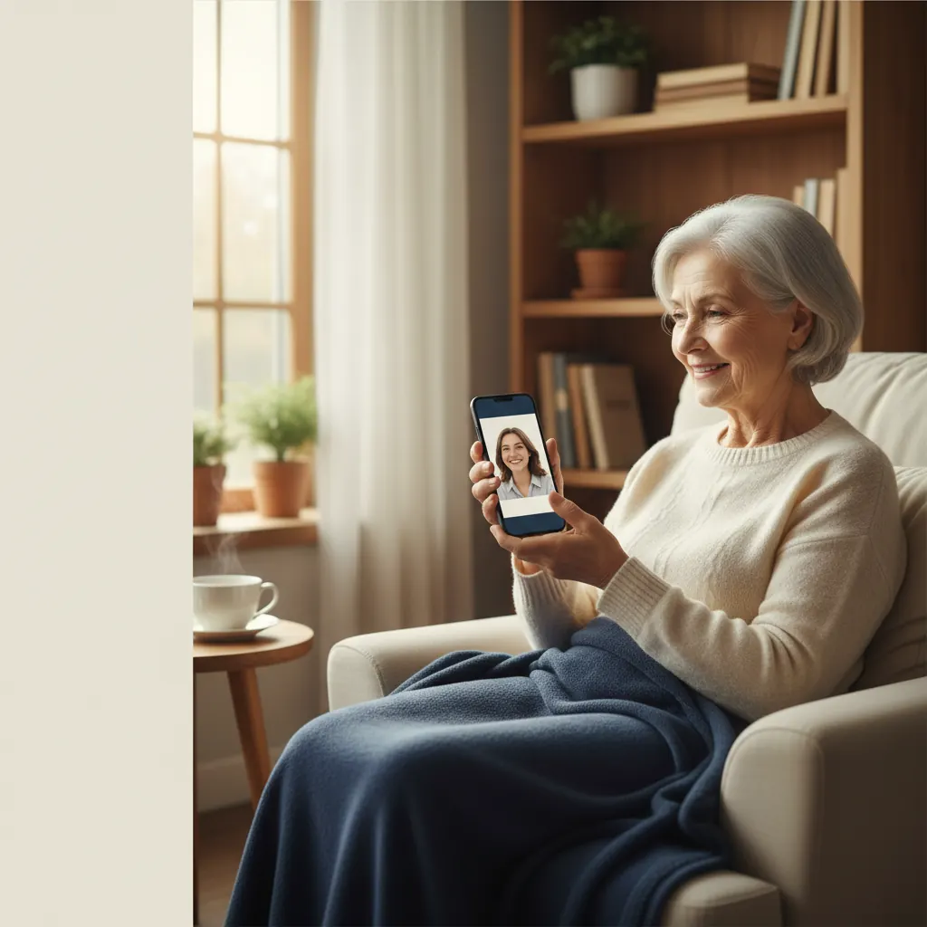 A senior man on a video call with a child shown on his smartphone screen