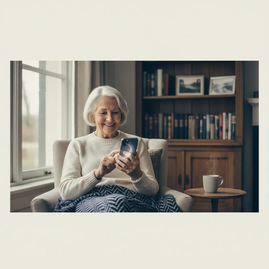 A senior woman happily walking outdoors with her smartphone, perhaps tracking her steps.