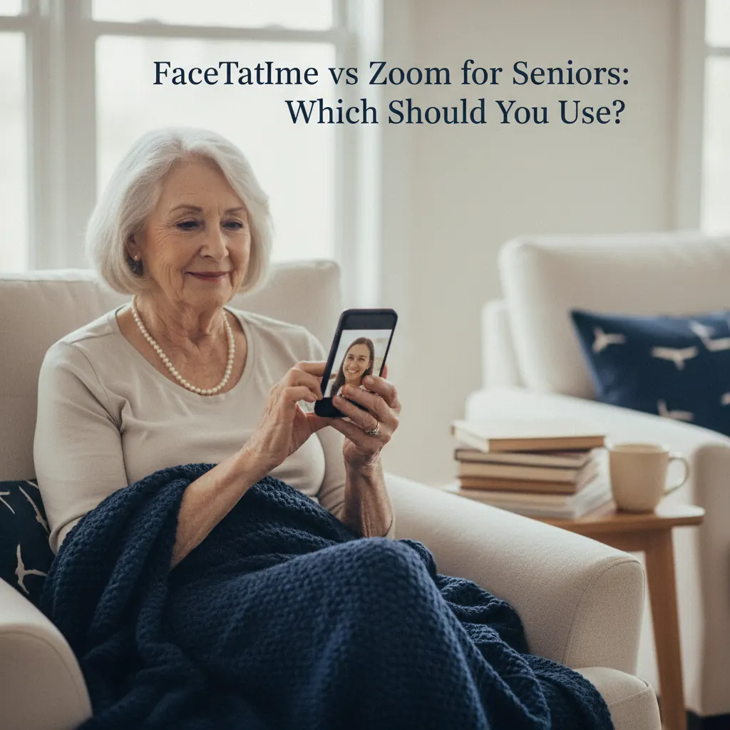 A senior woman happily video calling her grandchild on an iPad, with a split screen showing FaceTime and Zoom logos faintly in the background.