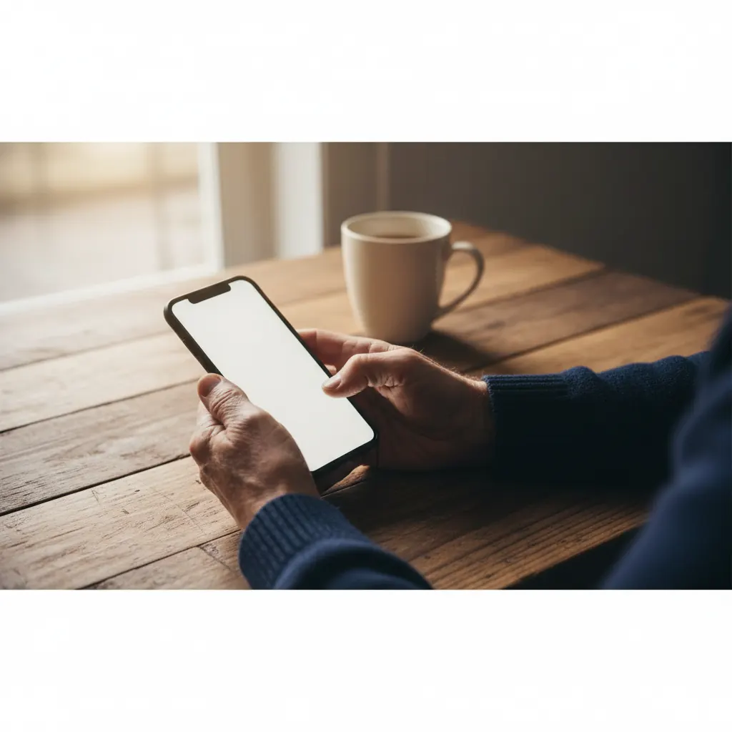 Elderly woman carefully selecting an app on her smartphone, a magnifying glass nearby