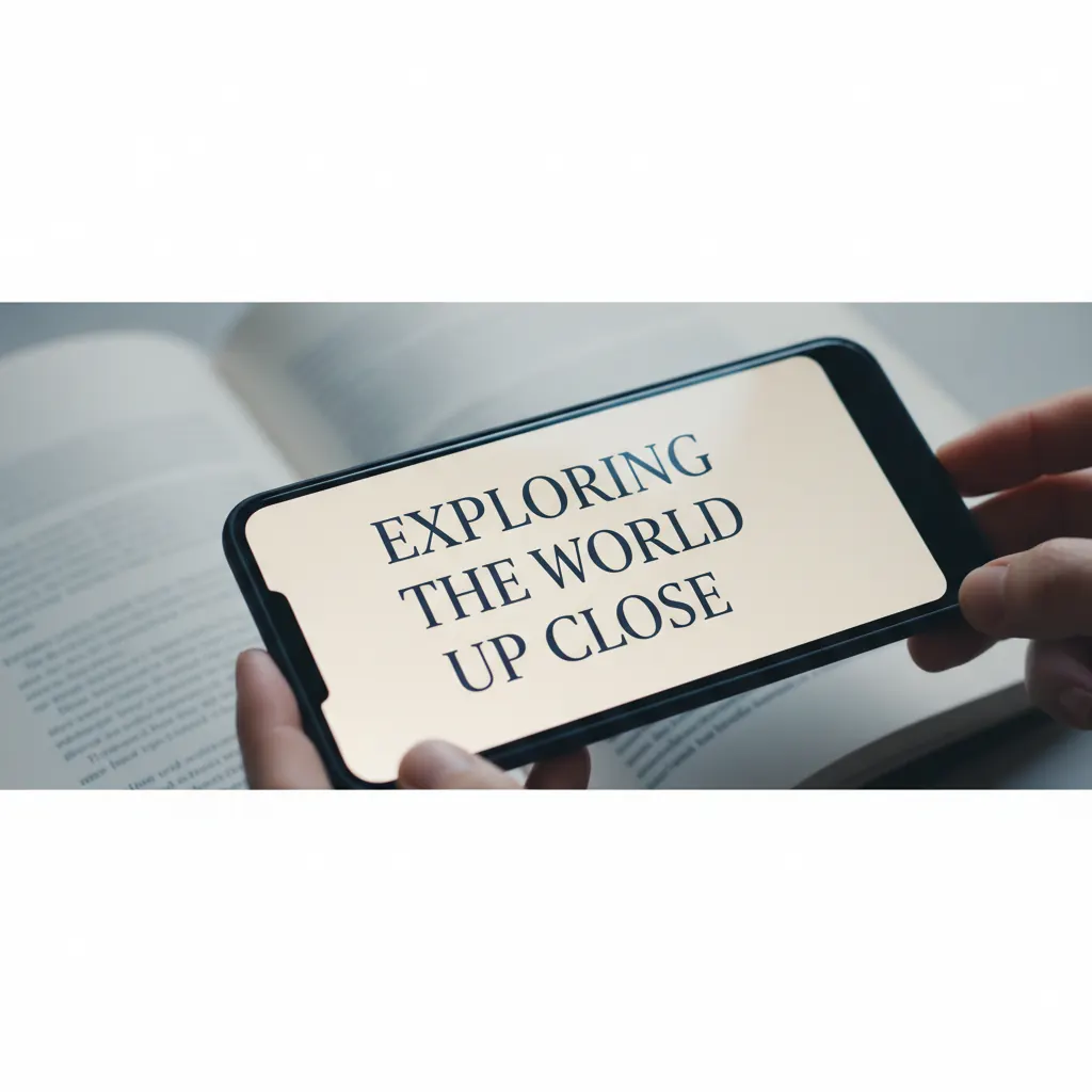 A close-up of an iPhone screen actively using the Magnifier app to enlarge text on a physical document, held by a senior hand.