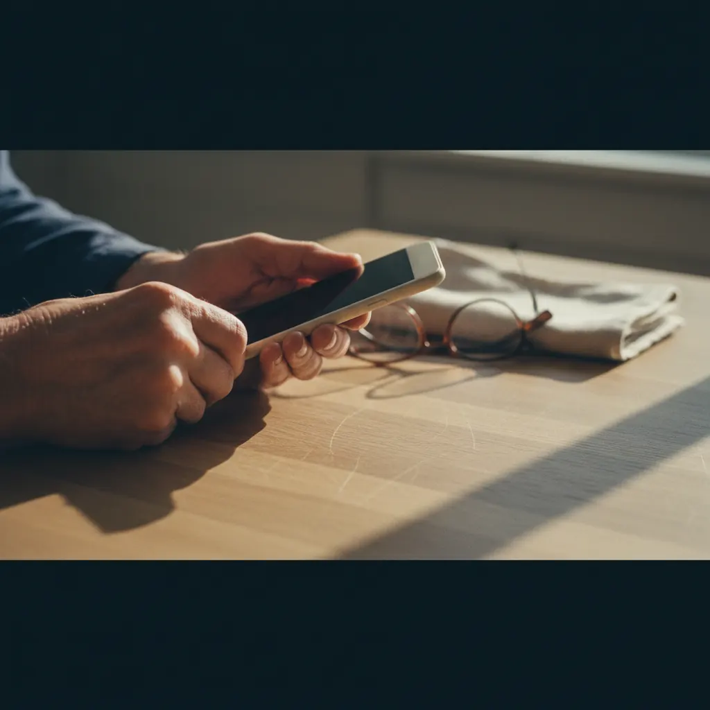 A new iPhone in its box on a kitchen table next to a notepad and a cup of tea