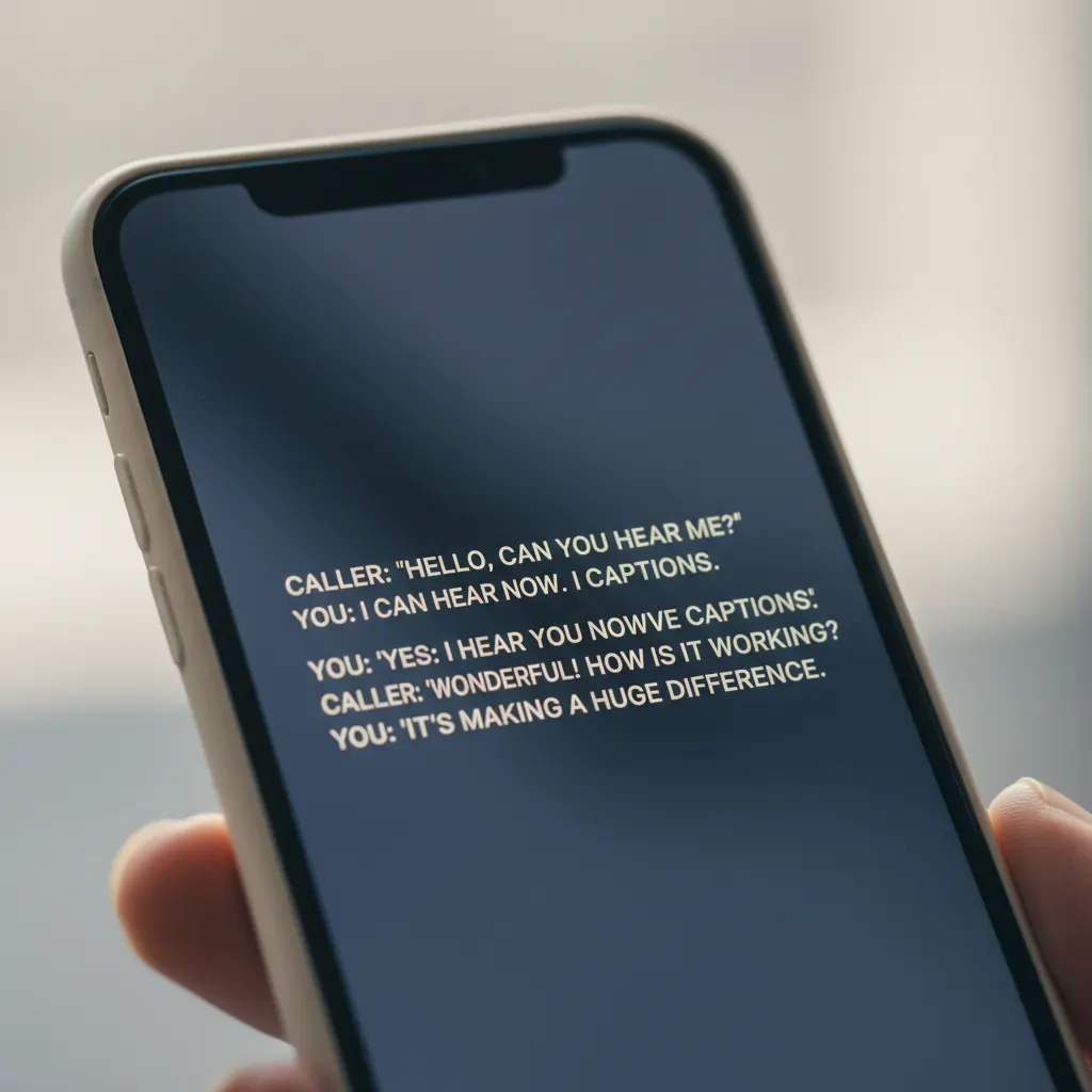 A close-up of a smartphone screen displaying live captions during a phone call, with a person wearing hearing aids in the background.