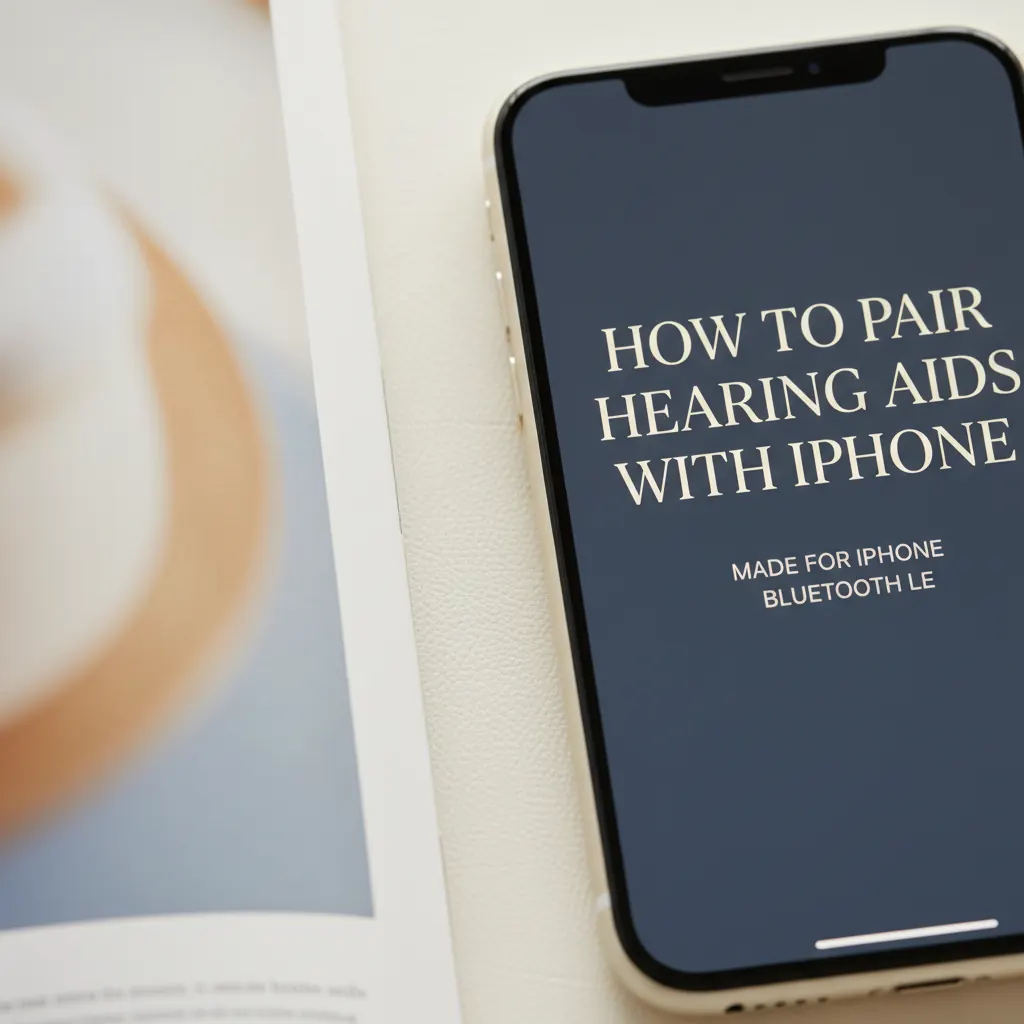 Hands holding hearing aids next to an iPhone showing the Accessibility settings