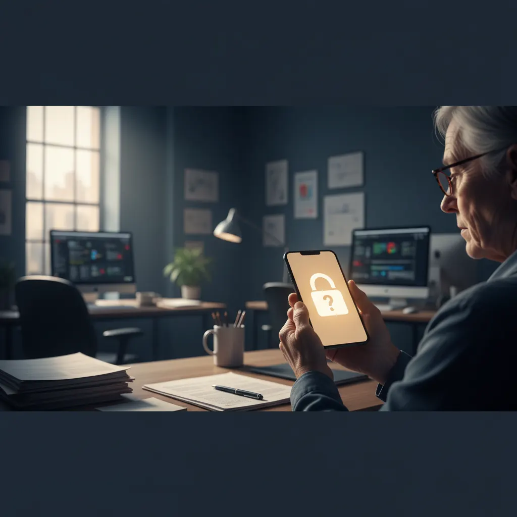 Elderly woman looking thoughtfully at her smartphone with various digital lock icons floating around her.