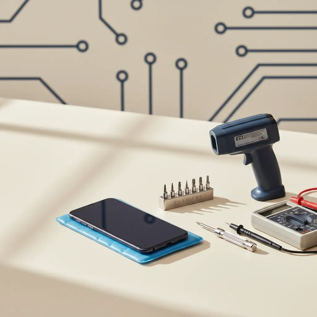 A smartphone with a digital thermometer icon showing high temperature, on a cool blue background.