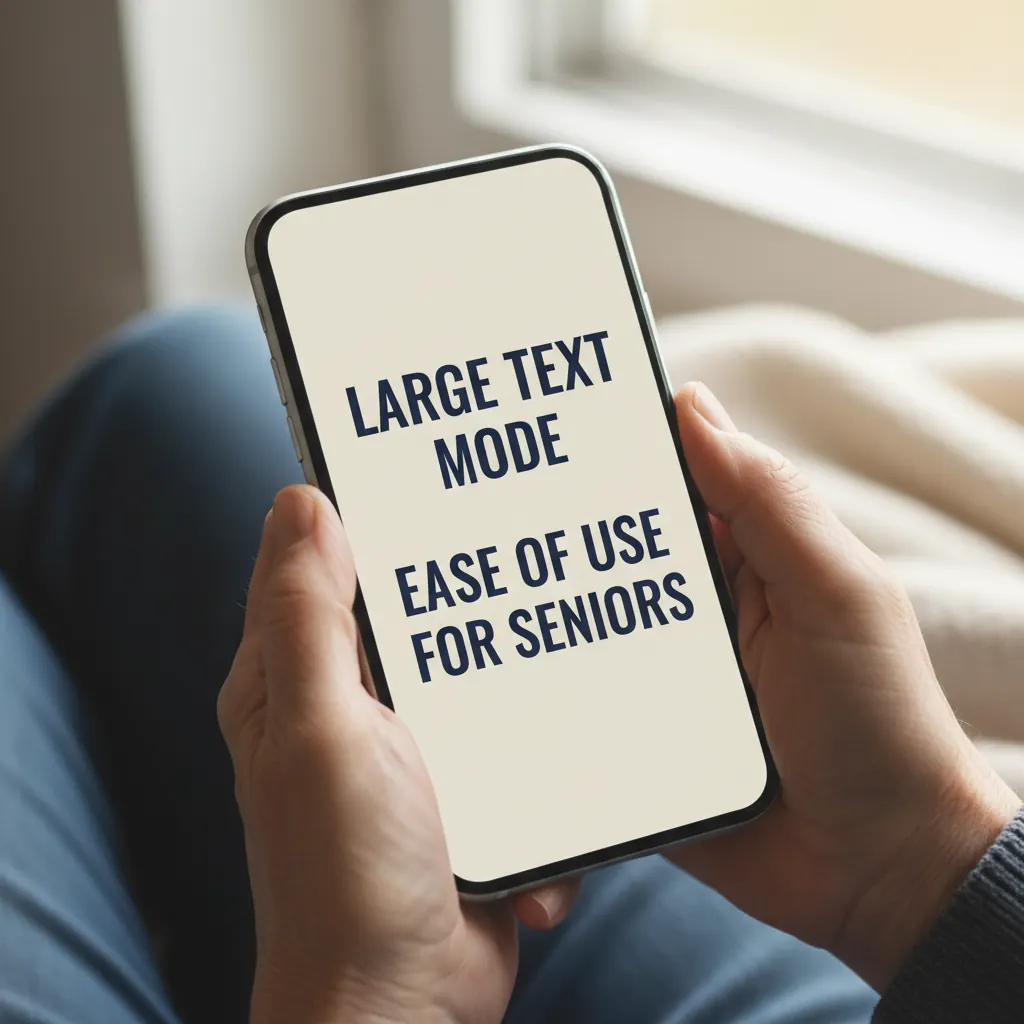 An older woman smiling while comfortably using her iPhone, with subtle, calming screen animations.