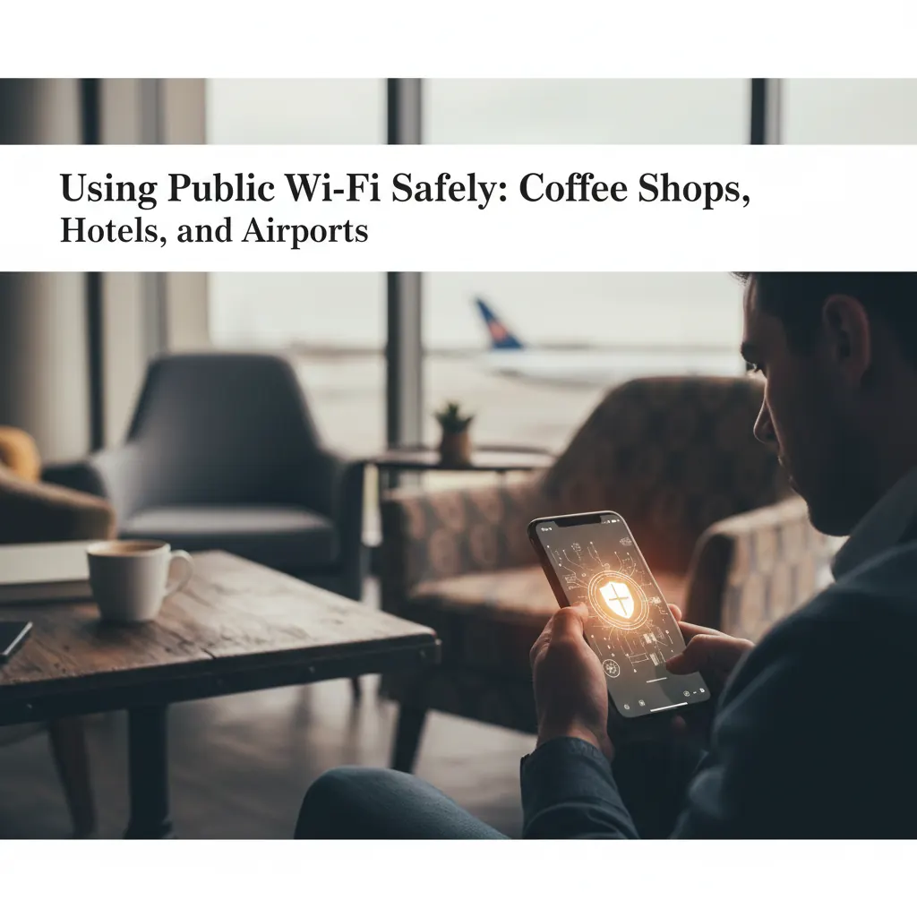 A senior woman sips coffee while using a tablet at a cafe with a 'Free Wi-Fi' sign in the background.