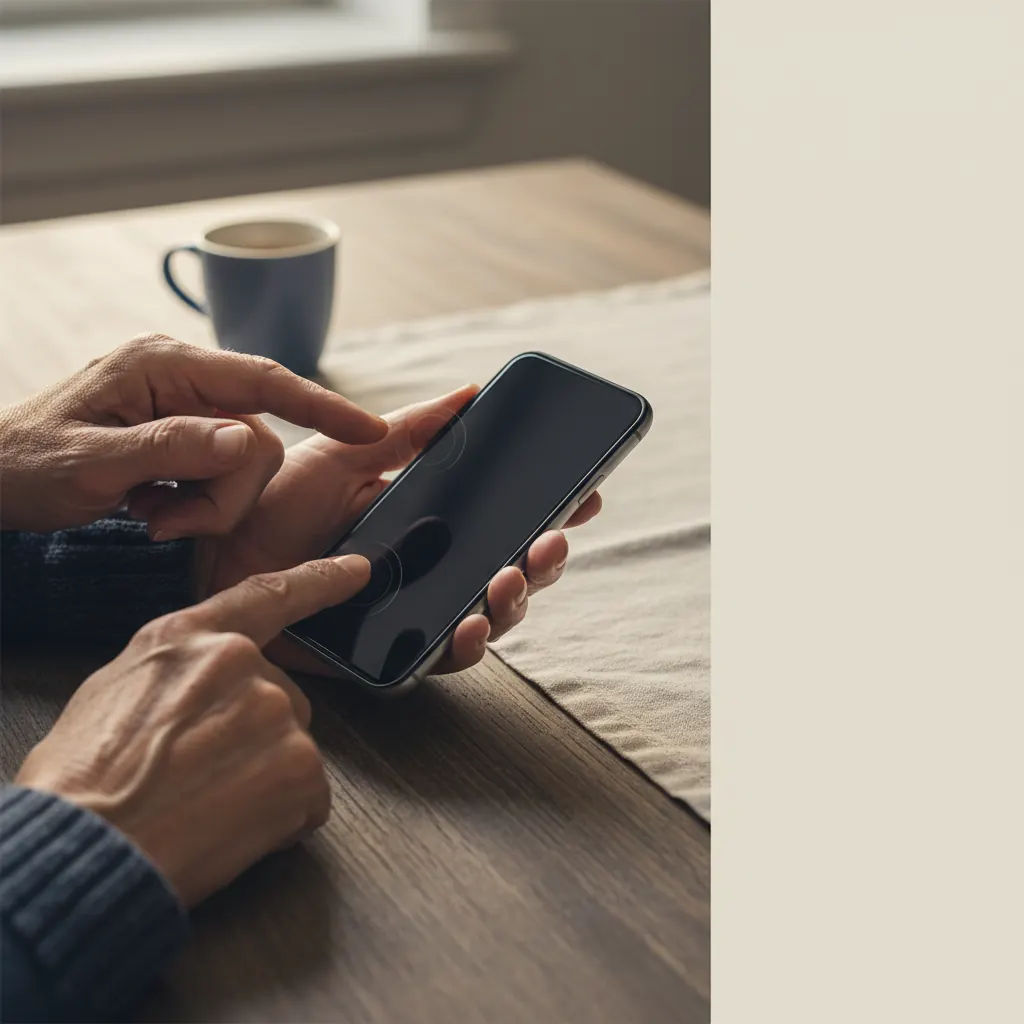 An older person's hand demonstrating a tap gesture on a smartphone screen, with a warm, friendly backdrop.