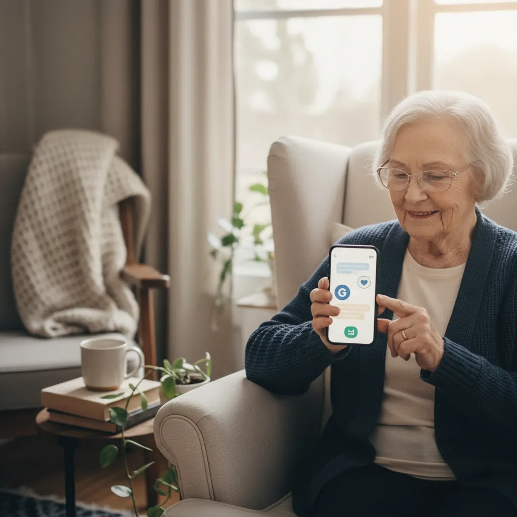 Happy grandmother video calling her grandchild on a smartphone using WhatsApp